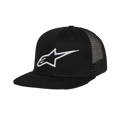 Alpinestars Corp Trucker Hat, boné trucker de aba reta, preto, logótipo Alpinestars branco bordado em 3D na frente, painéis traseiros em rede, coroa estruturada, streetwear casual de motorsport