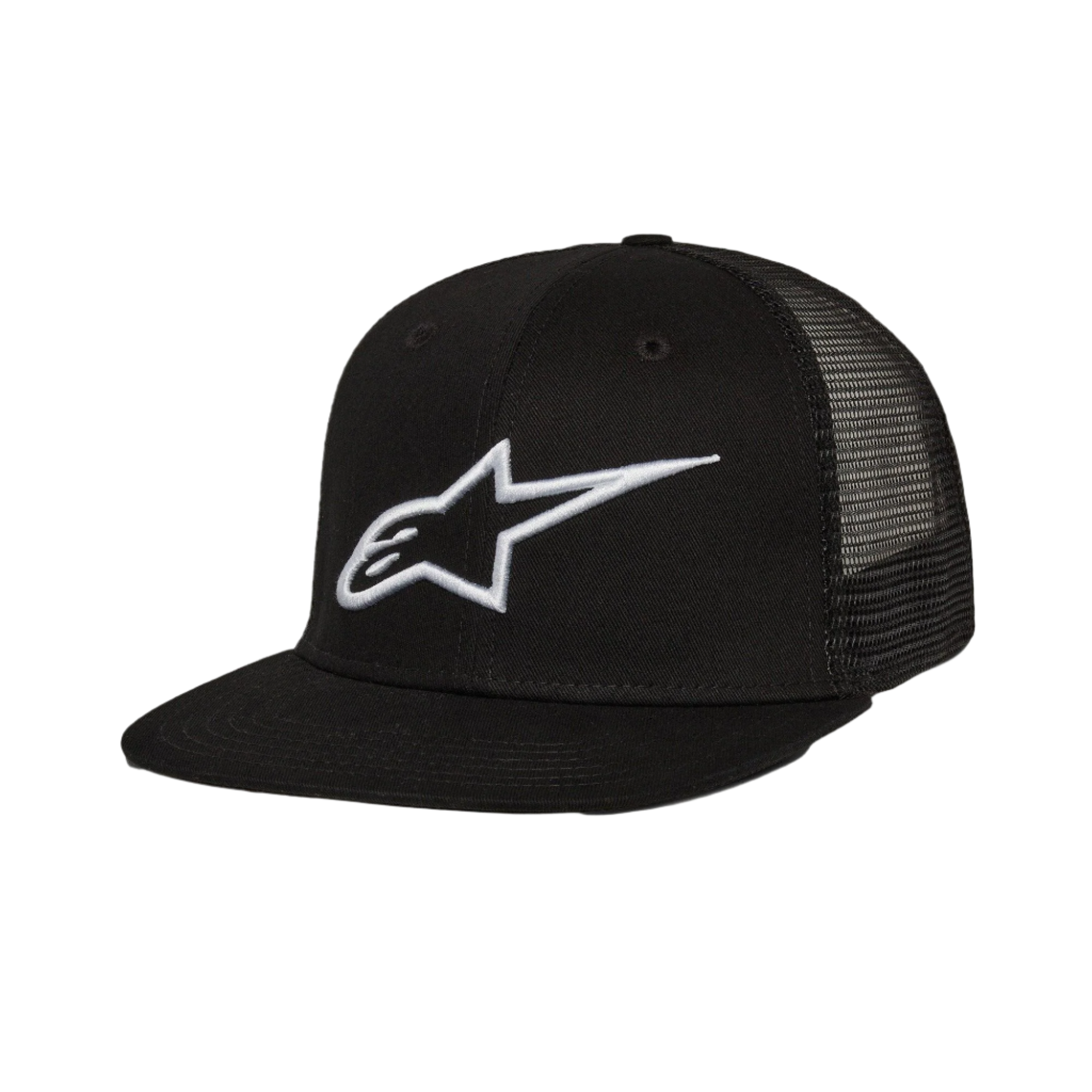 Alpinestars Corp Trucker Hat, boné trucker de aba reta, preto, logótipo Alpinestars branco bordado em 3D na frente, painéis traseiros em rede, coroa estruturada, streetwear casual de motorsport