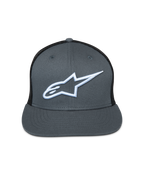 Alpinestars Corp Trucker Hat, gray front with black mesh back, flat bill, white embroidered Astar logo, casual motorsport headwear