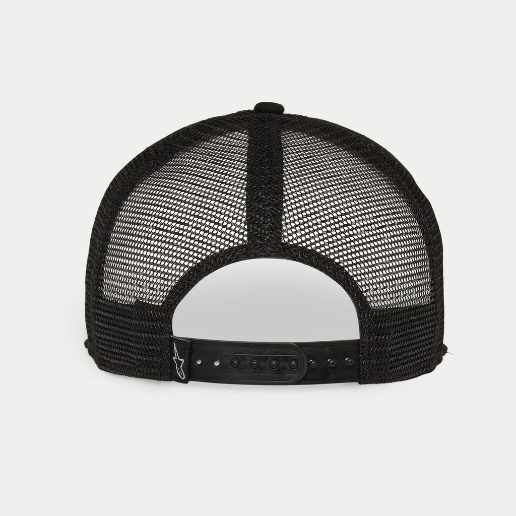 Boné Alpinestars Corp Trucker, Branco e Preto, vista traseira com painéis de malha respirável pretos, fecho snapback ajustável, pequeno logótipo Alpinestars na etiqueta traseira, acessório de cabeça casual inspirado no desporto motorizado