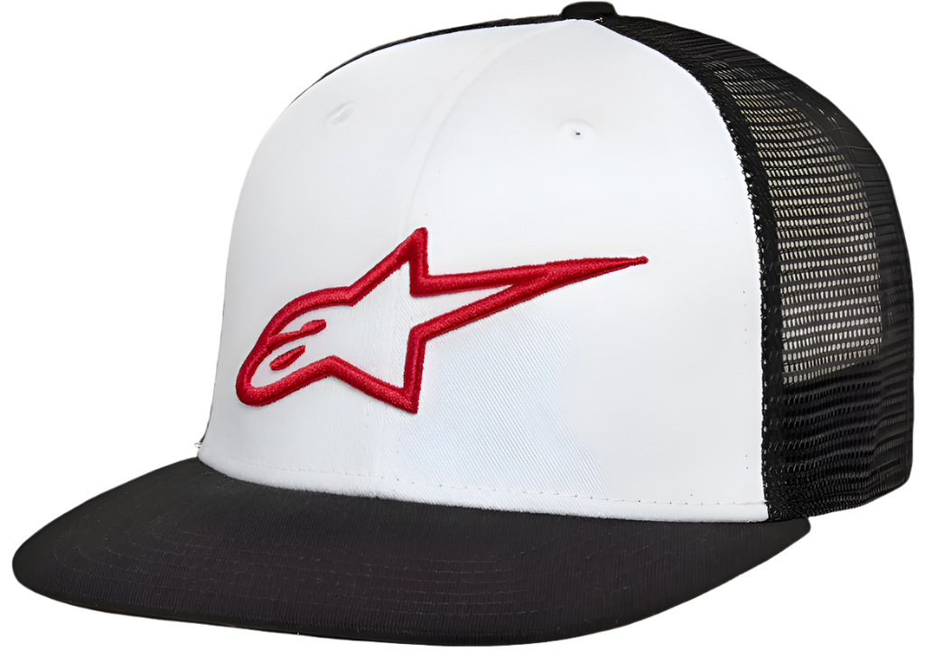 Alpinestars Corp Trucker Hat, painel frontal branco com aba reta preta e parte traseira em rede preta, com logótipo de estrela Alpinestars bordado em 3D a vermelho, streetwear casual de desportos motorizados