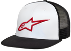 Alpinestars Corp Trucker Hat, painel frontal branco com aba reta preta e parte traseira em rede preta, com logótipo de estrela Alpinestars bordado em 3D a vermelho, streetwear casual de desportos motorizados