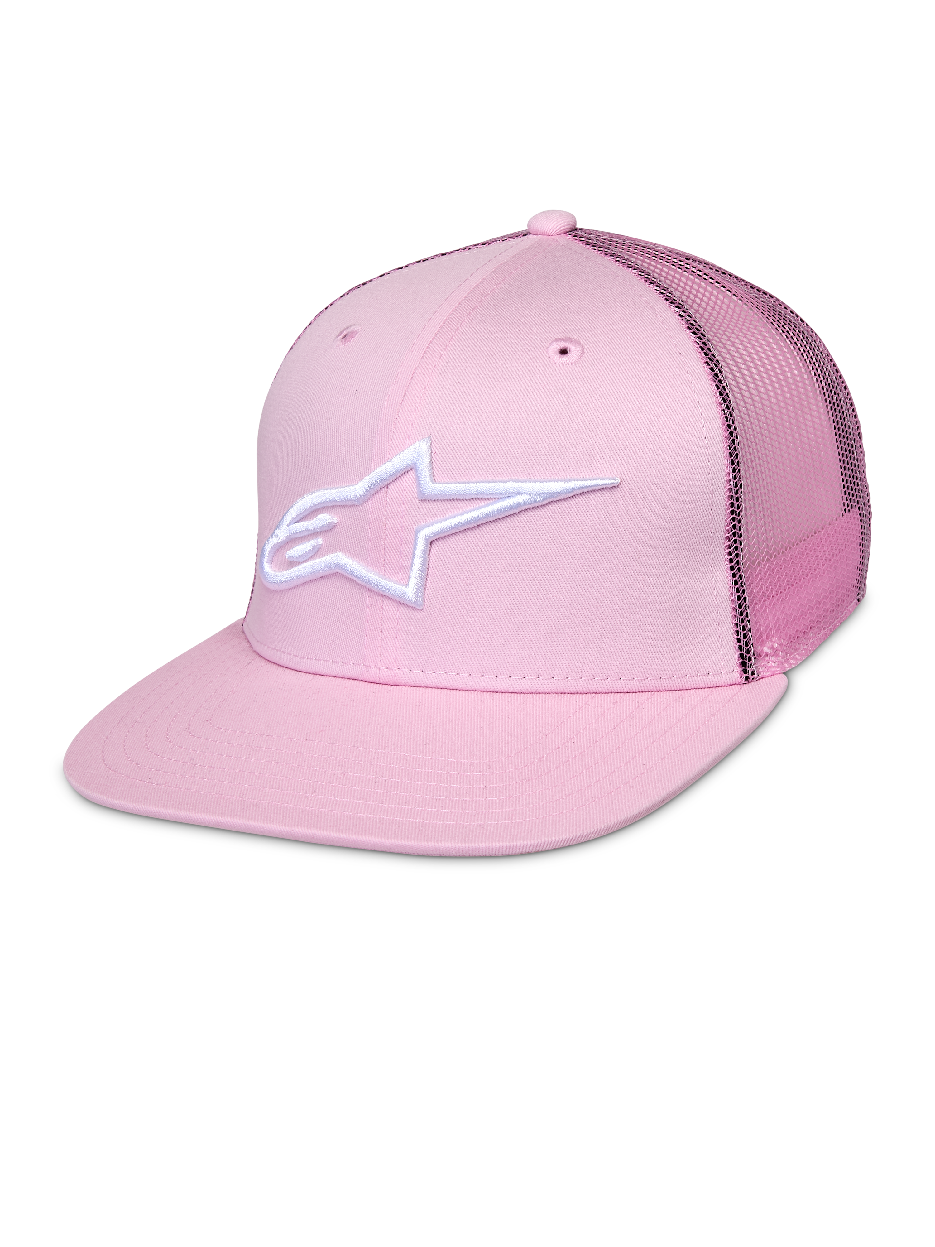 Alpinestars Corp Trucker, boné snapback rosa com logótipo de estrela branco, painéis traseiros em rede, design estruturado de seis painéis com ilhoses de ventilação