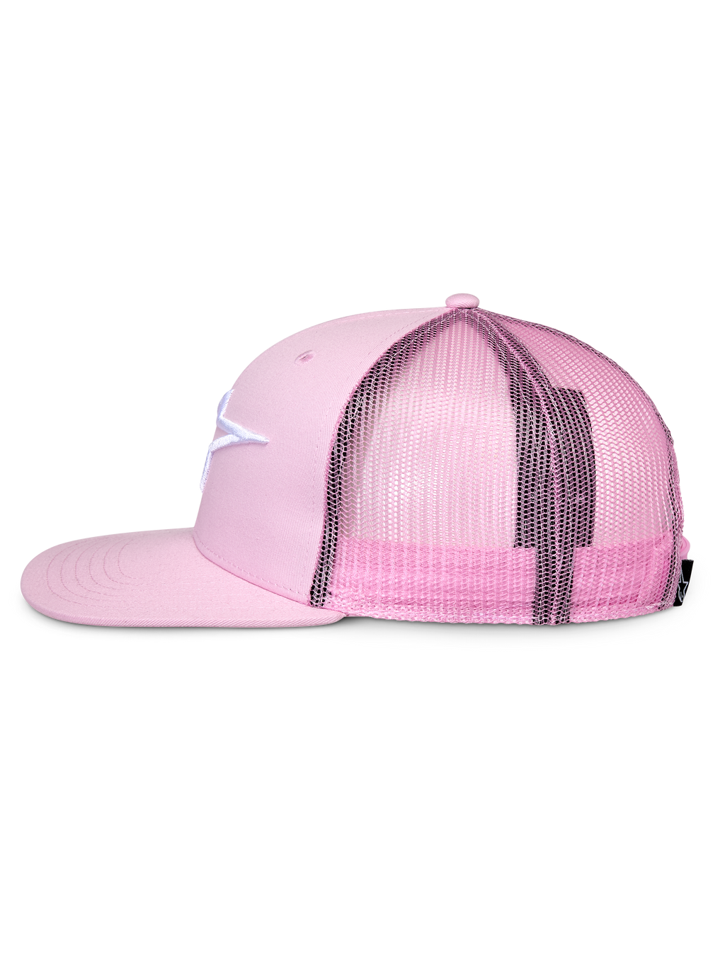 Alpinestars Corp Trucker Hat, Pink, side profile, flat bill and structured crown, white embroidered logo on twill front, pink mesh back, adjustable snapback design, casual sportswear