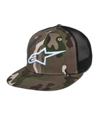 Alpinestars Corp Trucker Hat, Green Camo and Black, camouflage pattern with white embroidered A-star logo, black mesh back panels, flat bill, casual lifestyle headwear
