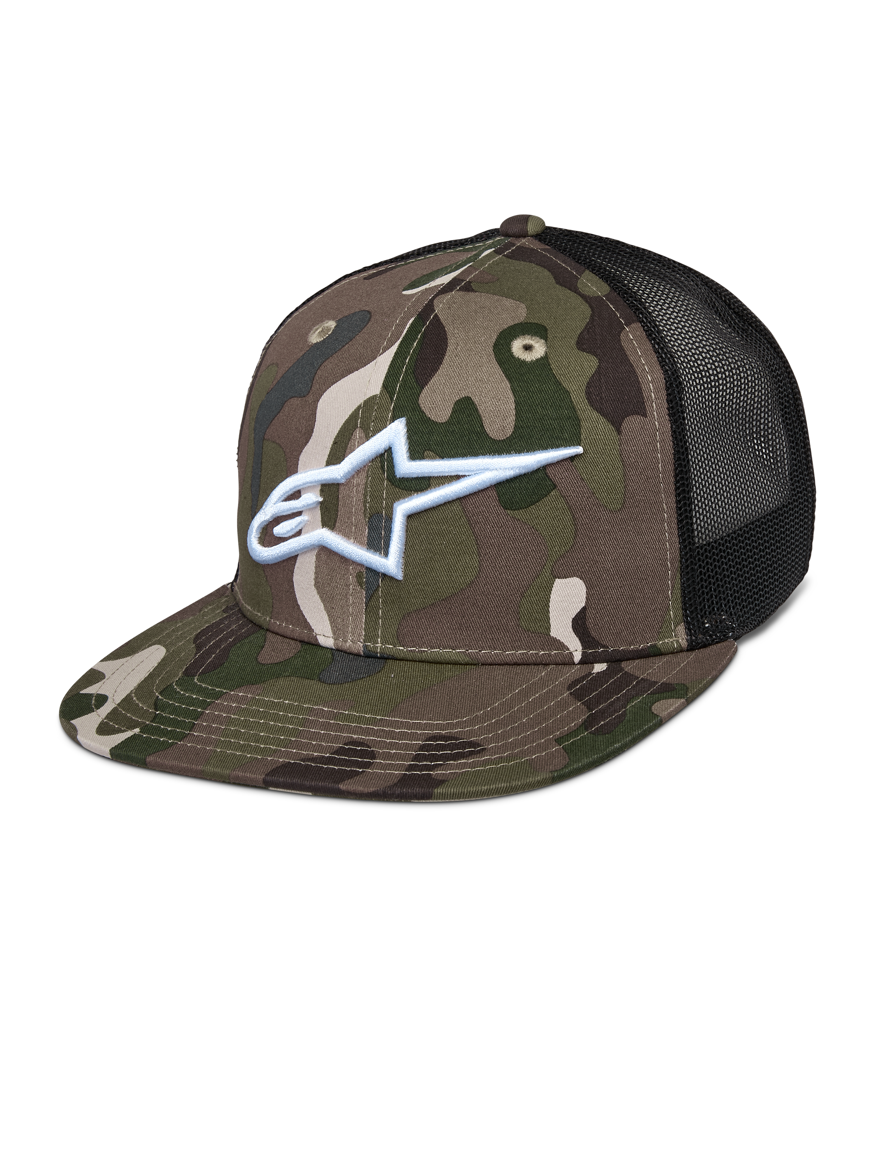 Alpinestars Corp Trucker, boné com padrão de camuflagem verde e preto, logótipo A-star bordado a branco, painéis traseiros em rede preta, pala plana, design casual