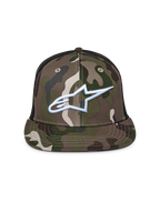 Alpinestars Corp Trucker Hat, Green Camo and Black, flat bill trucker cap with mesh back, featuring a white embroidered Alpinestars logo on the front, casual motorsport streetwear