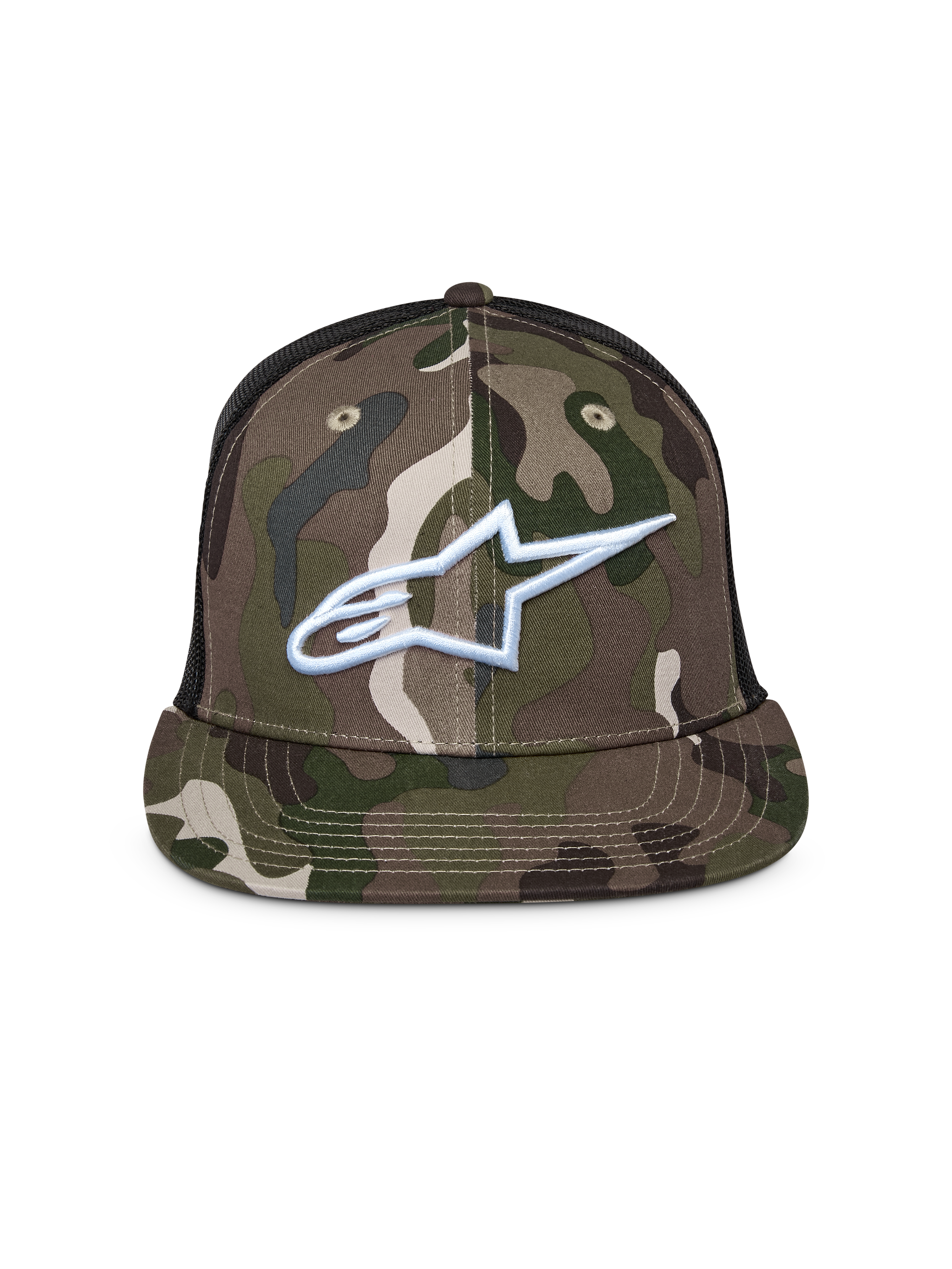 Alpinestars Corp Trucker Hat, Green Camo and Black, flat bill trucker cap with mesh back, featuring a white embroidered Alpinestars logo on the front, casual motorsport streetwear