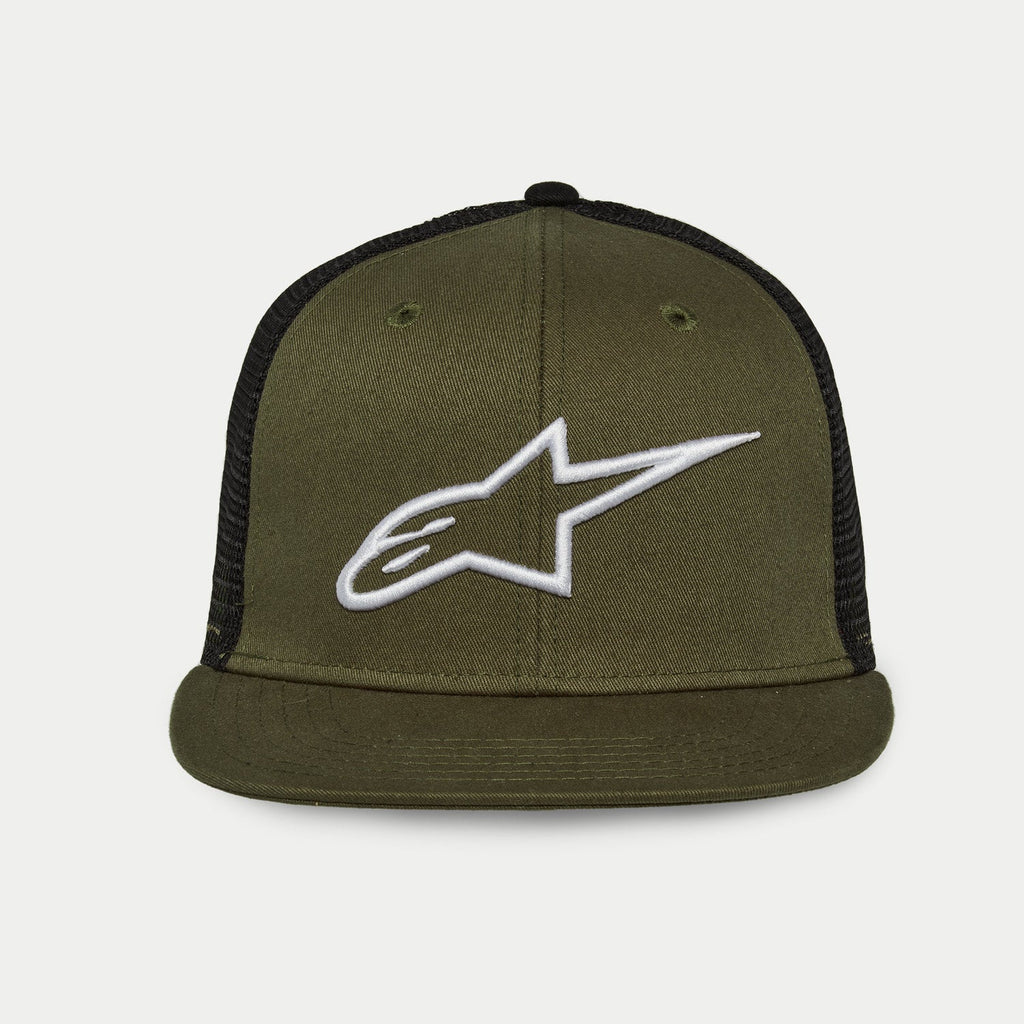 Alpinestars Corp Trucker Hat, boné trucker de aba reta, frente e pala em verde militar com parte traseira em rede preta, logótipo A-star bordado a 3D em branco, coroa estruturada, acessório casual de desportos motorizados