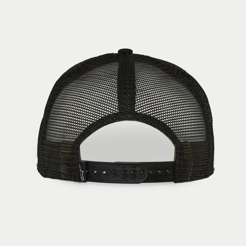 Boné Alpinestars Corp Trucker, Military Black, vista traseira com painéis em malha preta e fecho snapback ajustável, pequena etiqueta tecida com logótipo, acessório casual inspirado no desporto motorizado