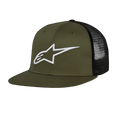 Alpinestars Corp Trucker Hat, boné trucker de aba reta, verde militar e preto, logótipo Alpinestars branco bordado em 3D na parte frontal, frente em sarja e malha na parte traseira, acessório casual de desportos motorizados