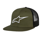 Alpinestars Corp Trucker Hat, boné trucker de aba reta, verde militar e preto, logótipo Alpinestars branco bordado em 3D na parte frontal, frente em sarja e malha na parte traseira, acessório casual de desportos motorizados