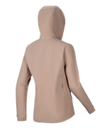 Alpinestars Stella A-Dura Rain Jacket, casaco de ciclismo impermeável para mulher, castanho claro, vista traseira com capuz e silhueta simples, detalhe subtil do logótipo em preto na zona lombar, construção técnica impermeável de 2,5 camadas para BTT