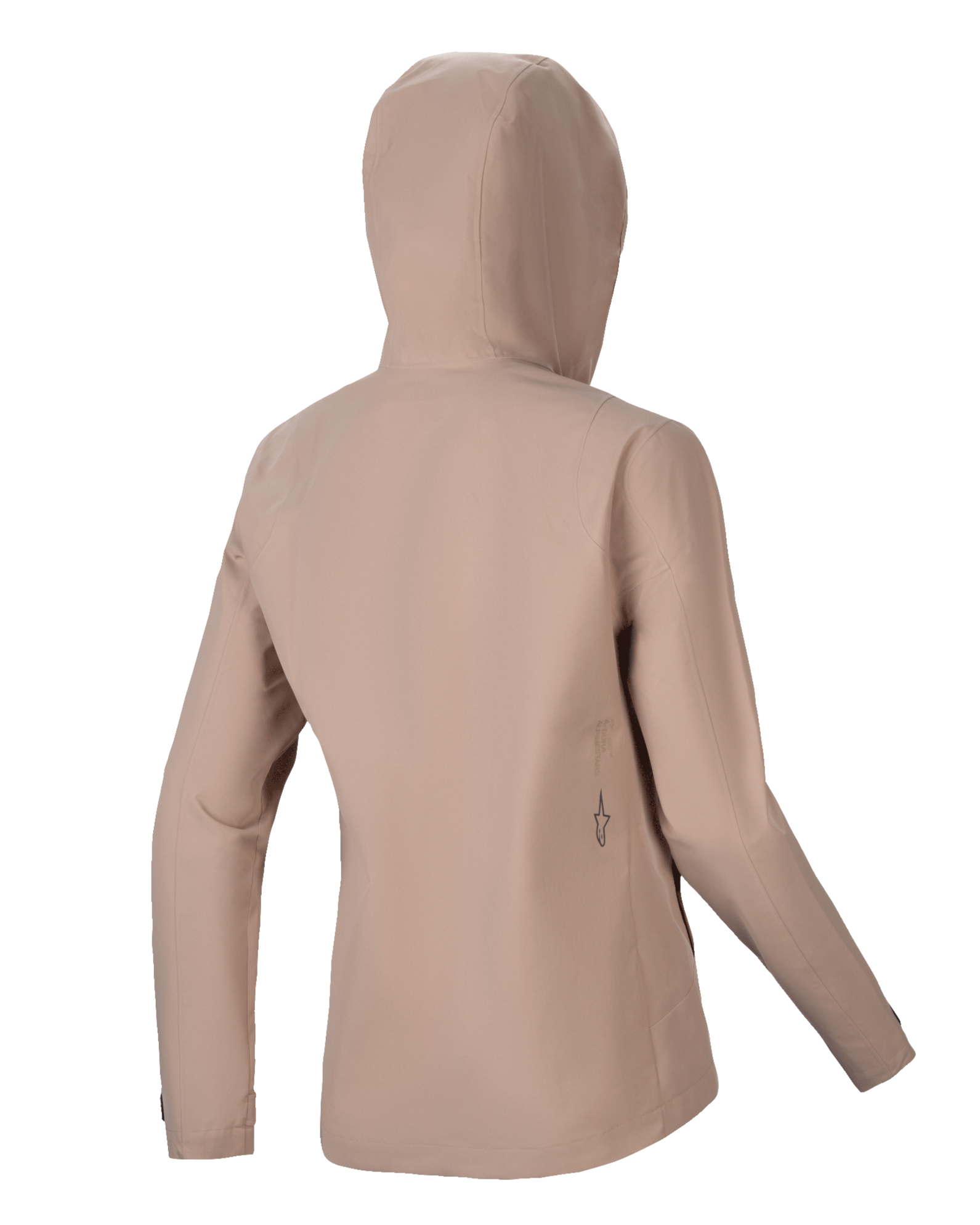 Alpinestars Stella A-Dura Rain Jacket, casaco de ciclismo impermeável para mulher, castanho claro, vista traseira com capuz e silhueta simples, detalhe subtil do logótipo em preto na zona lombar, construção técnica impermeável de 2,5 camadas para BTT