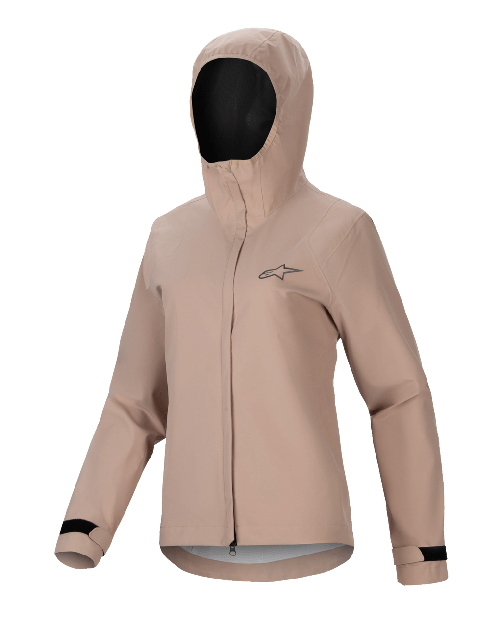 Alpinestars Stella A-Dura Rain Jacket, casaco de chuva de ciclismo para mulher, castanho claro, design com capuz com fecho de correr frontal e aba de proteção, punhos ajustáveis com velcro preto, com um pequeno logótipo no peito, material de performance impermeável e respirável para a prática de MTB