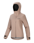 Alpinestars Stella A-Dura Rain Jacket, casaco de chuva de ciclismo para mulher, castanho claro, design com capuz com fecho de correr frontal e aba de proteção, punhos ajustáveis com velcro preto, com um pequeno logótipo no peito, material de performance impermeável e respirável para a prática de MTB