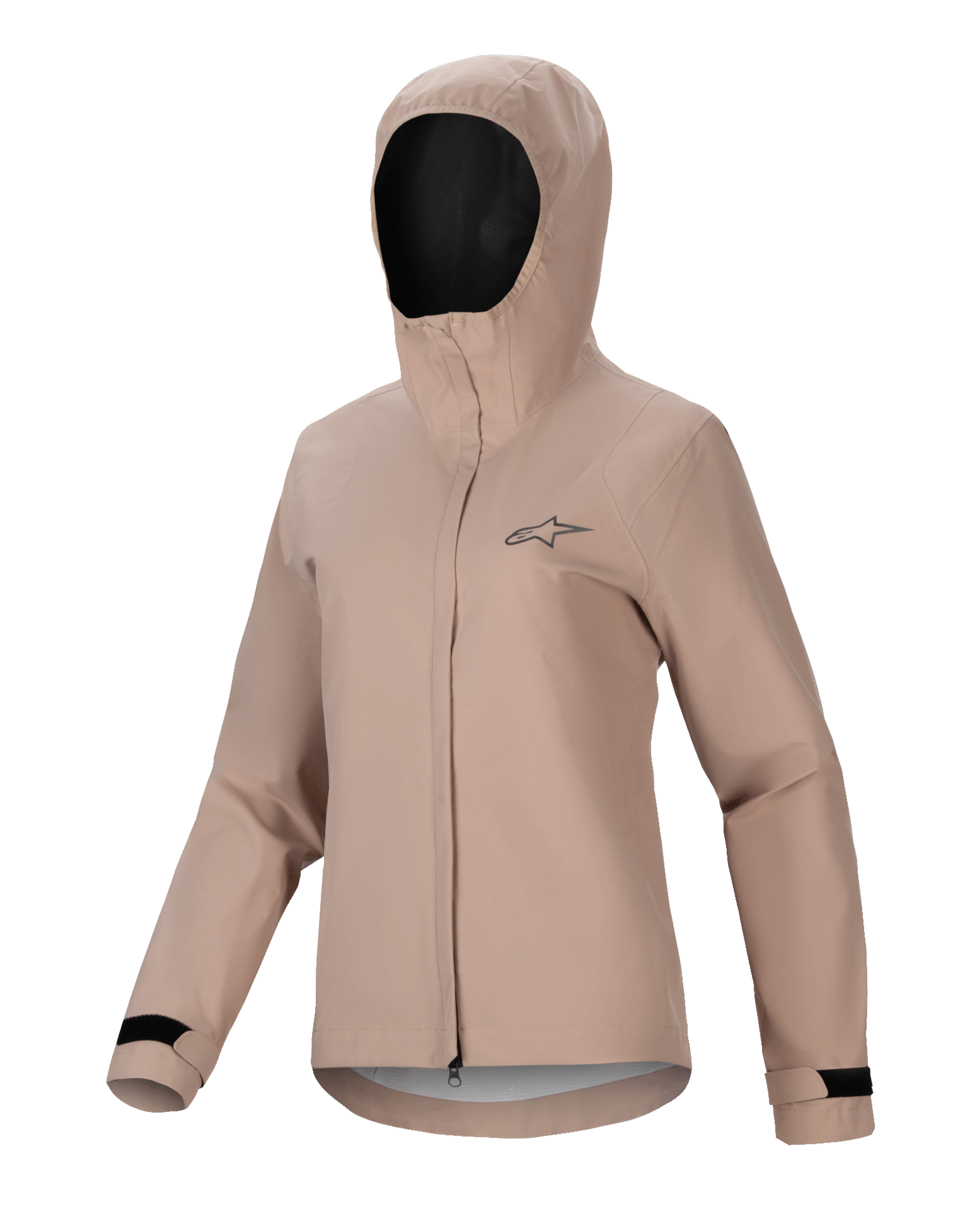 Alpinestars Stella A-Dura Rain Jacket, casaco de chuva de ciclismo para mulher, castanho claro, design com capuz com fecho de correr frontal e aba de proteção, punhos ajustáveis com velcro preto, com um pequeno logótipo no peito, material de performance impermeável e respirável para a prática de MTB
