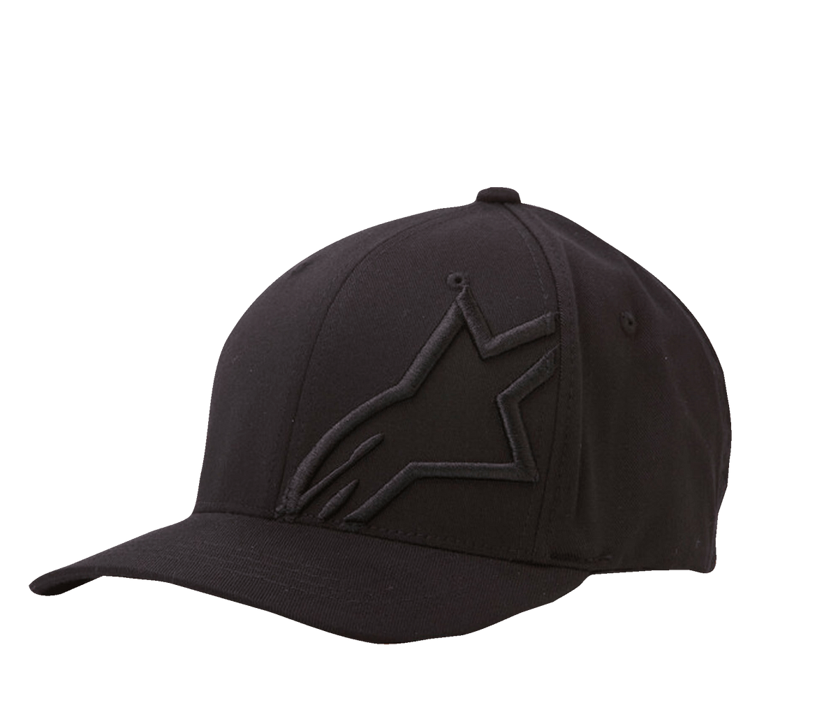 Alpinestars Corp Shift 2 Curved Bill Hat, boné de basebol preto, bordado plano tonal no painel frontal esquerdo, pala curva, construção de seis painéis com ilhós de ventilação, estilo casual inspirado no desporto motorizado