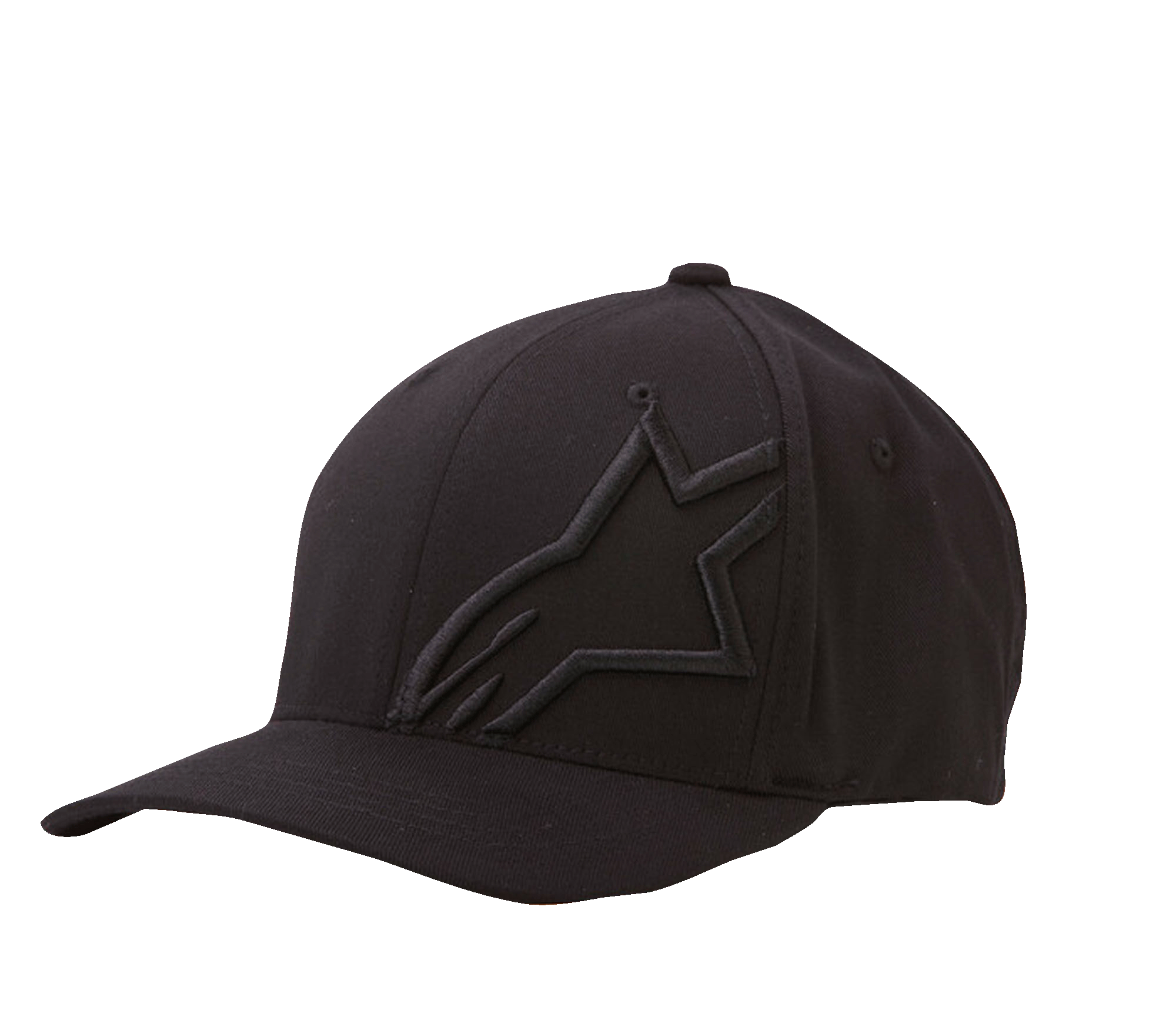 Alpinestars Corp Shift 2 Curved Bill Hat, boné de basebol preto, bordado plano tonal no painel frontal esquerdo, pala curva, construção de seis painéis com ilhós de ventilação, estilo casual inspirado no desporto motorizado