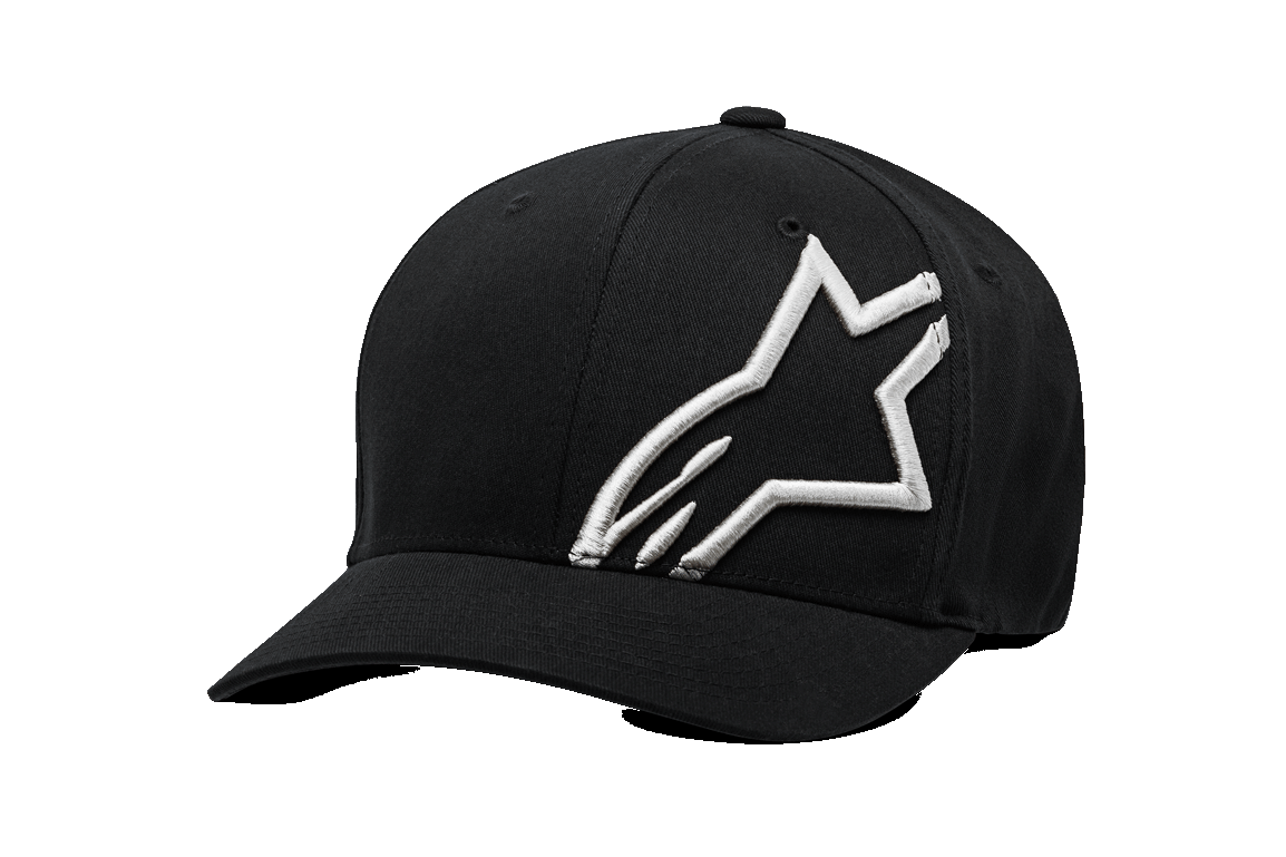 Alpinestars Corp Shift 2 Curved Bill Hat, boné de beisebol preto, logótipo branco grande bordado no painel frontal esquerdo, pala curva, acessório de cabeça sportswear Flexfit