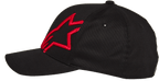 Alpinestars Corp Shift 2 Curved Brim Hat, Black with Red Embroidered Star Logo, Side Profile, Curved Brim Flexfit Baseball Cap, Casual Motorsport Sportswear