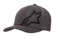 Boné Alpinestars Corp Shift 2 Curved Bill, boné de basebol cinzento mesclado escuro e preto, com um grande logótipo de estrela preto bordado no painel frontal esquerdo, design de pala curva, tecido texturizado com orifícios de ventilação, acessório casual inspirado no desporto motorizado