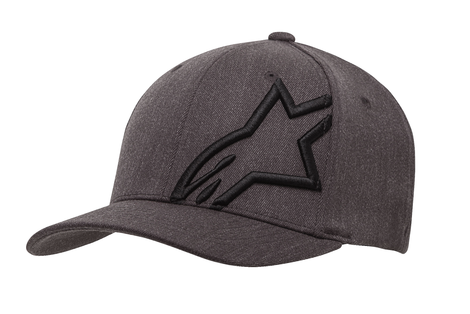 Boné Alpinestars Corp Shift 2 Curved Bill, boné de basebol cinzento mesclado escuro e preto, com um grande logótipo de estrela preto bordado no painel frontal esquerdo, design de pala curva, tecido texturizado com orifícios de ventilação, acessório casual inspirado no desporto motorizado