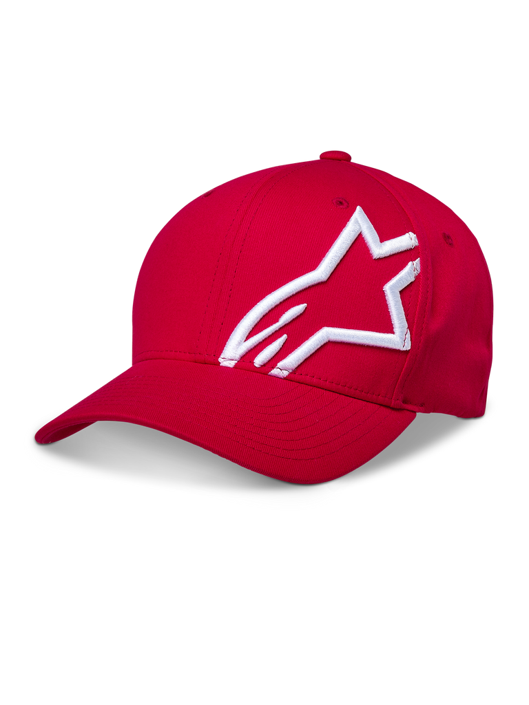 Alpinestars Corp Shift 2 Curved Brim Cap, vermelho, com um grande logótipo branco bordado em 3D na lateral, coroa estruturada e aba curva, acessório casual de desportos motorizados