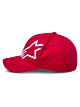 Alpinestars Corp Shift 2 Curved Brim Hat, Red, featuring a white 3D embroidered Alpinestars logo on the left panel, side view, structured crown with curved bill, casual motorsport-inspired headwear