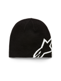 Alpinestars Corp Shift Beanie, Black Knit Hat, large white jacquard Alpinestars logo, sweater knit jersey stitch construction, casual motorsport-inspired headwear