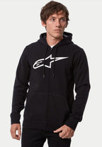 Alpinestars Ageless Zip V3 Hoodie, casaco com capuz e fecho frontal, preto e branco, com um logótipo Alpinestars grande em branco no peito, capuz com cordão e fecho de correr integral, casual lifestyle streetwear