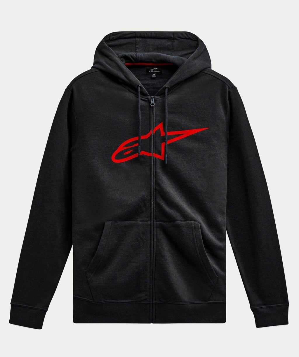 Hoodie Alpinestars Ageless Zip V3, streetwear casual, preto com grande logótipo Alpinestars vermelho no peito, fecho frontal integral, capuz com cordão, mangas compridas, punhos e bainha canelados