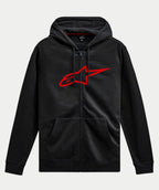 Hoodie Alpinestars Ageless Zip V3, streetwear casual, preto com grande logótipo Alpinestars vermelho no peito, fecho frontal integral, capuz com cordão, mangas compridas, punhos e bainha canelados