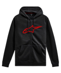 Hoodie Alpinestars Ageless Zip V3, streetwear casual de motorsport, preto com logótipo Astars vermelho, fecho integral, capuz com cordão, mangas compridas, punhos e bainha canelados