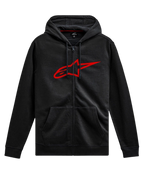 Hoodie Alpinestars Ageless Zip V3, streetwear casual de motorsport, preto com logótipo Astars vermelho, fecho integral, capuz com cordão, mangas compridas, punhos e bainha canelados