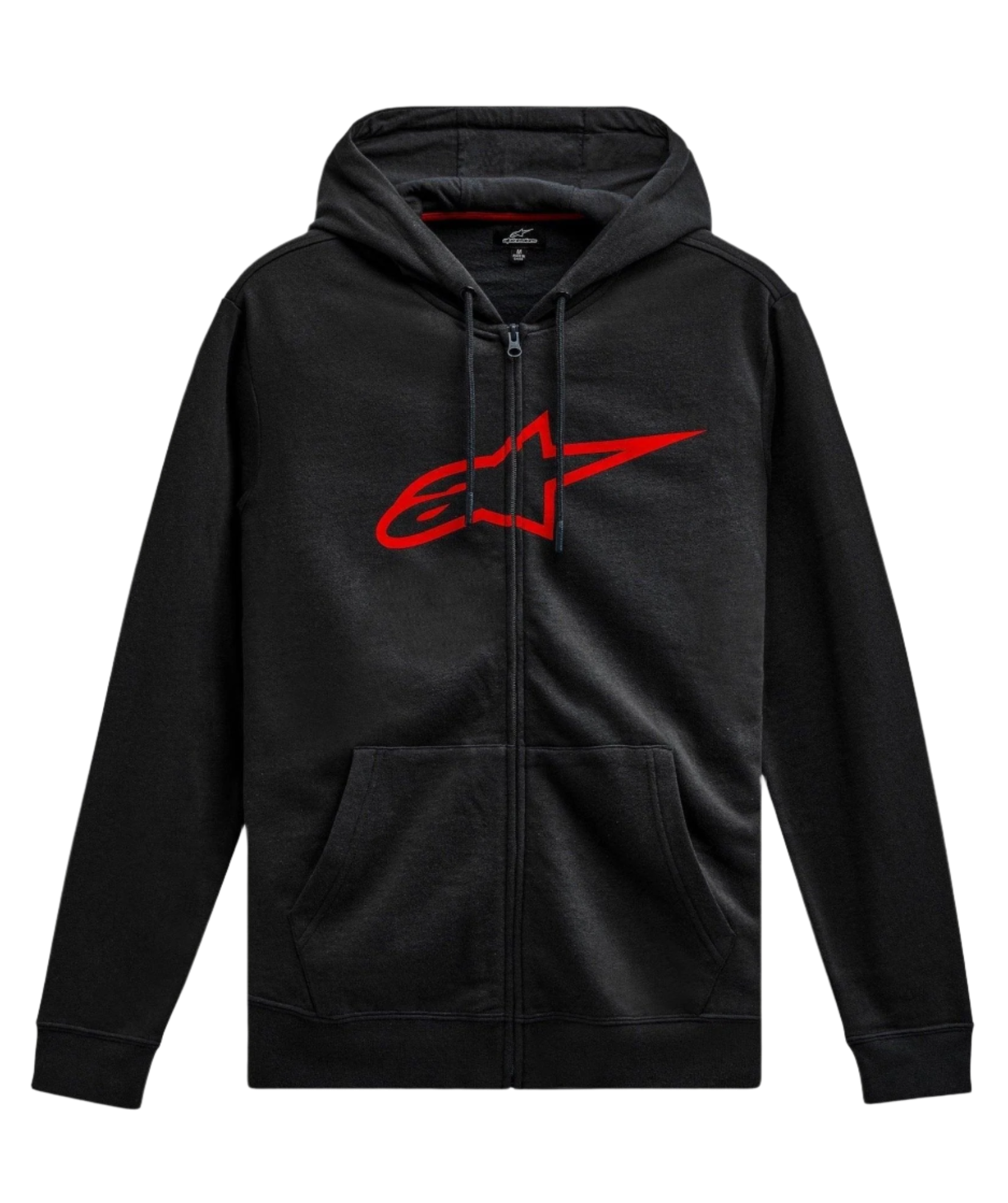 Alpinestars Ageless Zip V3 Hoodie, casual motorsport streetwear, black with red Astars logo, full-length zipper, drawstring hood, long sleeves, ribbed cuffs and hem