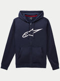 Alpinestars Ageless Zip V3 Hoodie, hoodie em fleece azul-marinho com fecho integral e logótipo Alpinestars branco grande no peito, capuz com cordões, bolsos frontais, streetwear casual inspirado no desporto motorizado