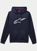 Alpinestars Ageless Zip V3 Hoodie, hoodie em fleece azul-marinho com fecho integral e logótipo Alpinestars branco grande no peito, capuz com cordões, bolsos frontais, streetwear casual inspirado no desporto motorizado