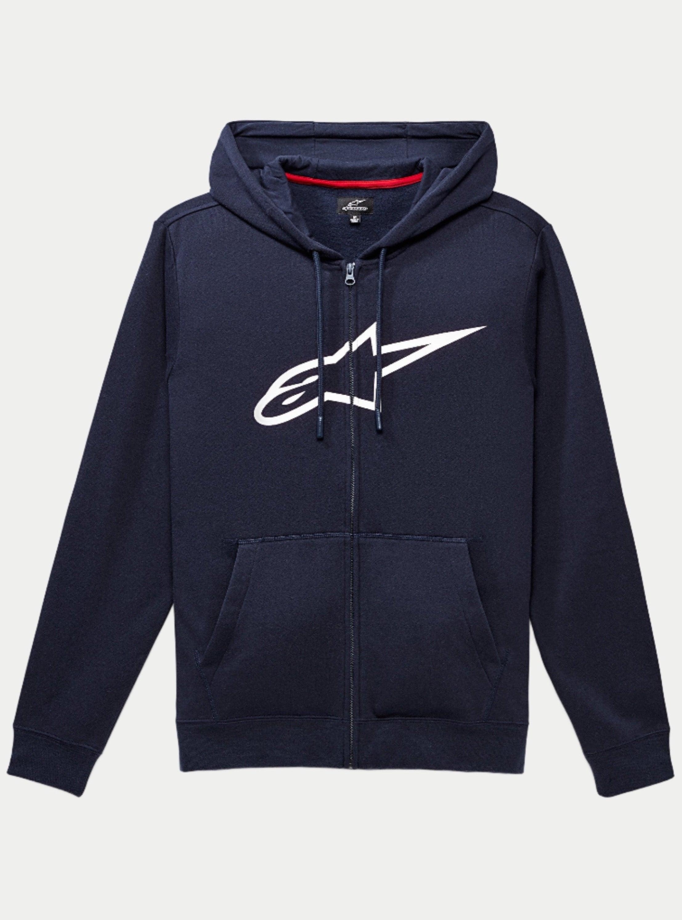 Alpinestars Ageless Zip V3 Hoodie, hoodie em fleece azul-marinho com fecho integral e logótipo Alpinestars branco grande no peito, capuz com cordões, bolsos frontais, streetwear casual inspirado no desporto motorizado