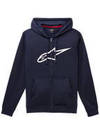 Alpinestars Ageless Zip V3 Hoodie, navy blue full-zip sweatshirt, large white Alpinestars logo on chest, drawstring hood, front kangaroo pockets, ribbed cuffs and hem, casual motorsport-inspired streetwear
