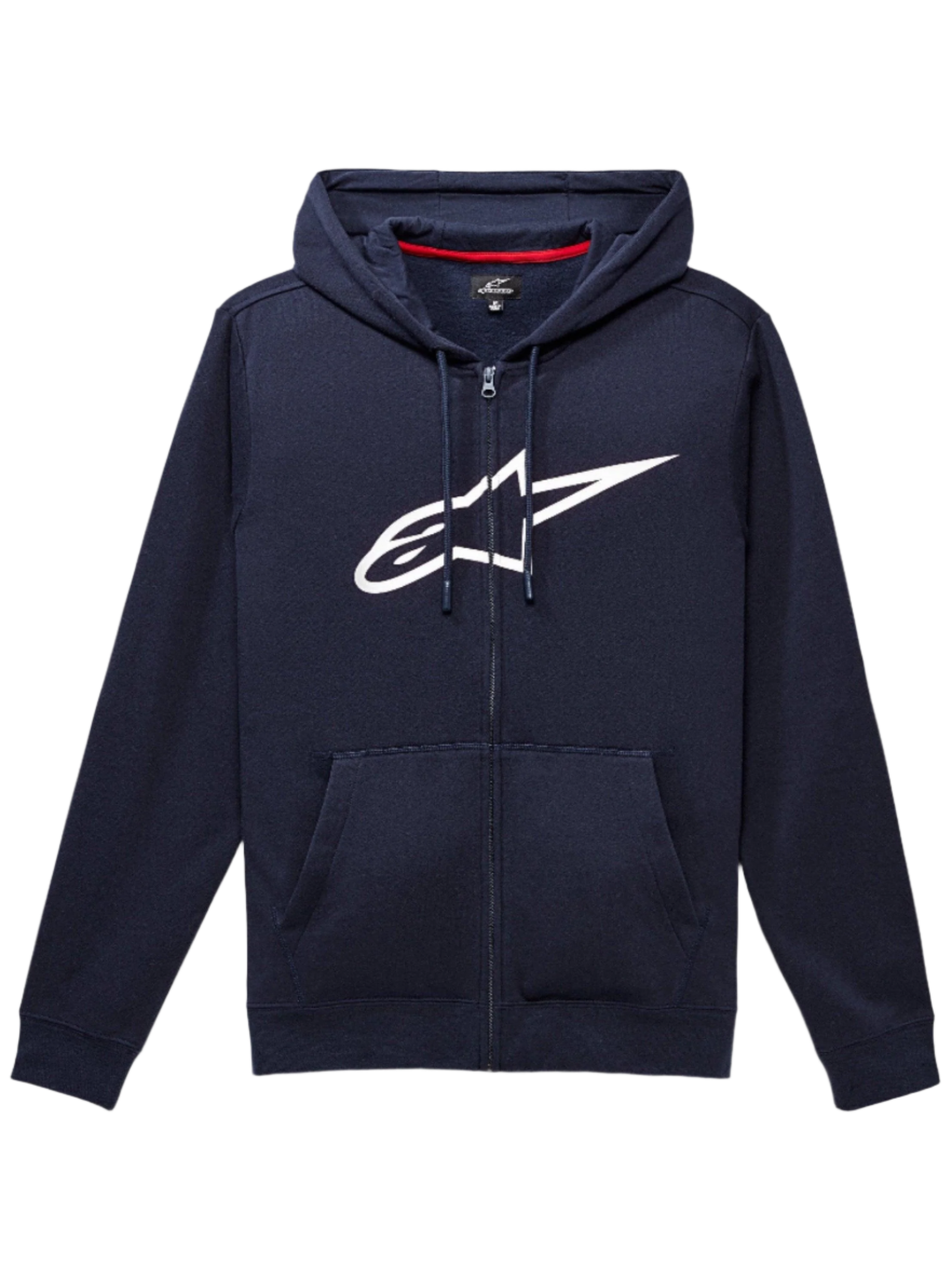 Alpinestars Ageless Zip V3 Hoodie, navy blue full-zip sweatshirt, large white Alpinestars logo on chest, drawstring hood, front kangaroo pockets, ribbed cuffs and hem, casual motorsport-inspired streetwear