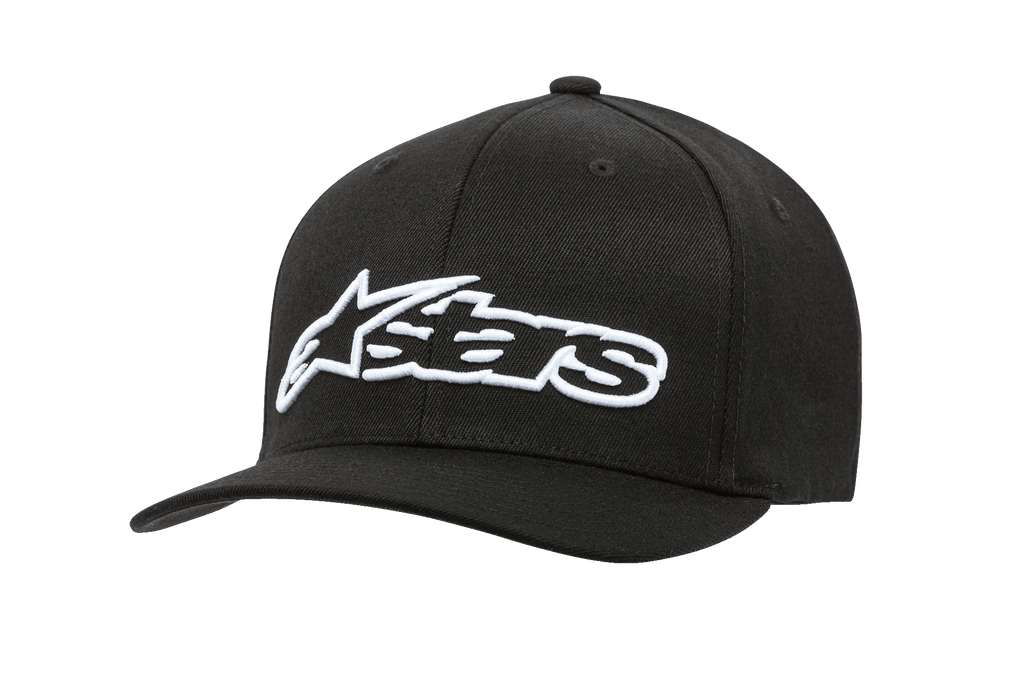 Alpinestars Blaze Flexfit Hat, boné de basebol preto com logótipo bordado em 3D a branco, pala curva, estrutura de seis painéis com ilhós de ventilação, acessório casual de motorsport