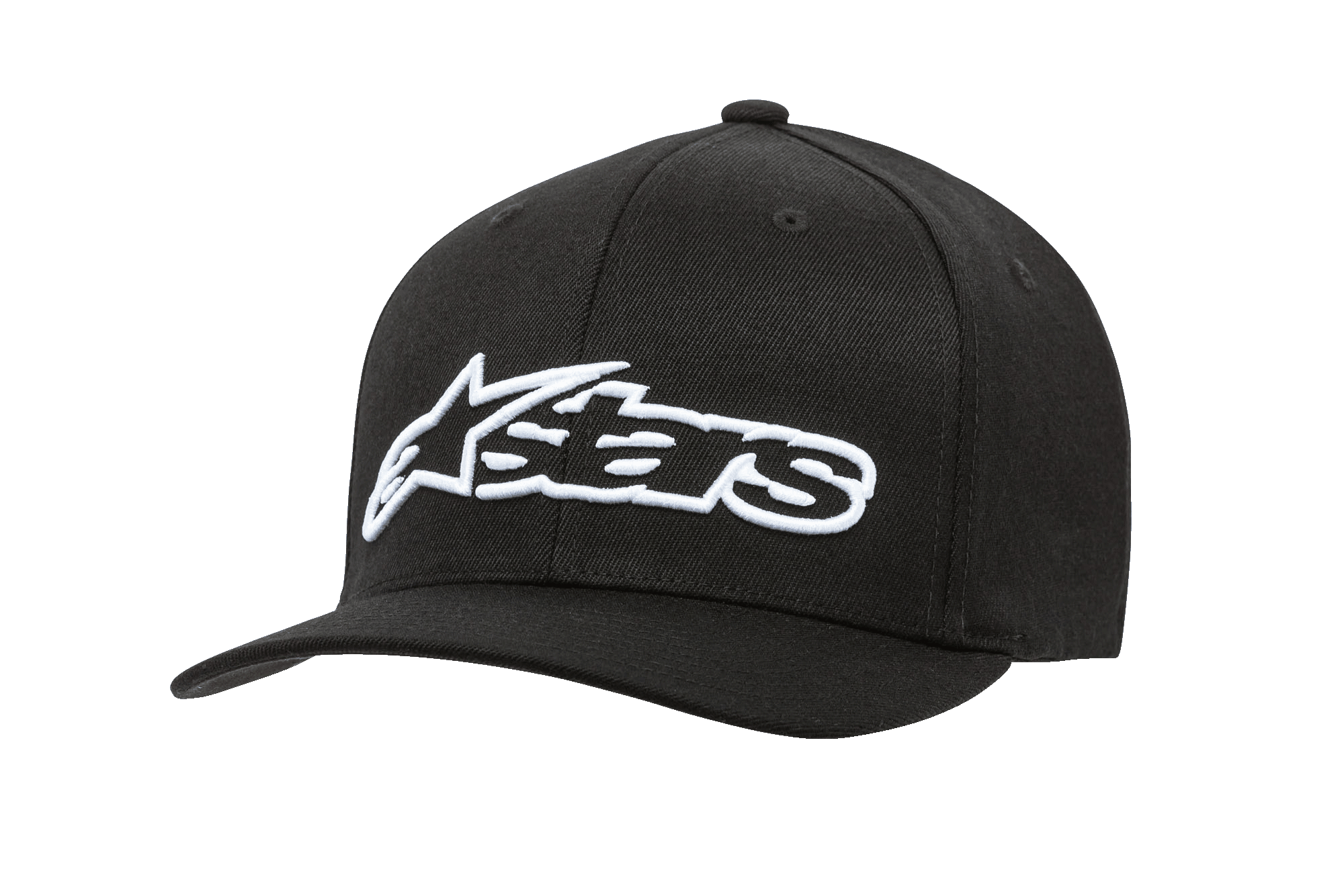 Alpinestars Blaze Flexfit Hat, boné de basebol preto com logótipo bordado em 3D a branco, pala curva, estrutura de seis painéis com ilhós de ventilação, acessório casual de motorsport