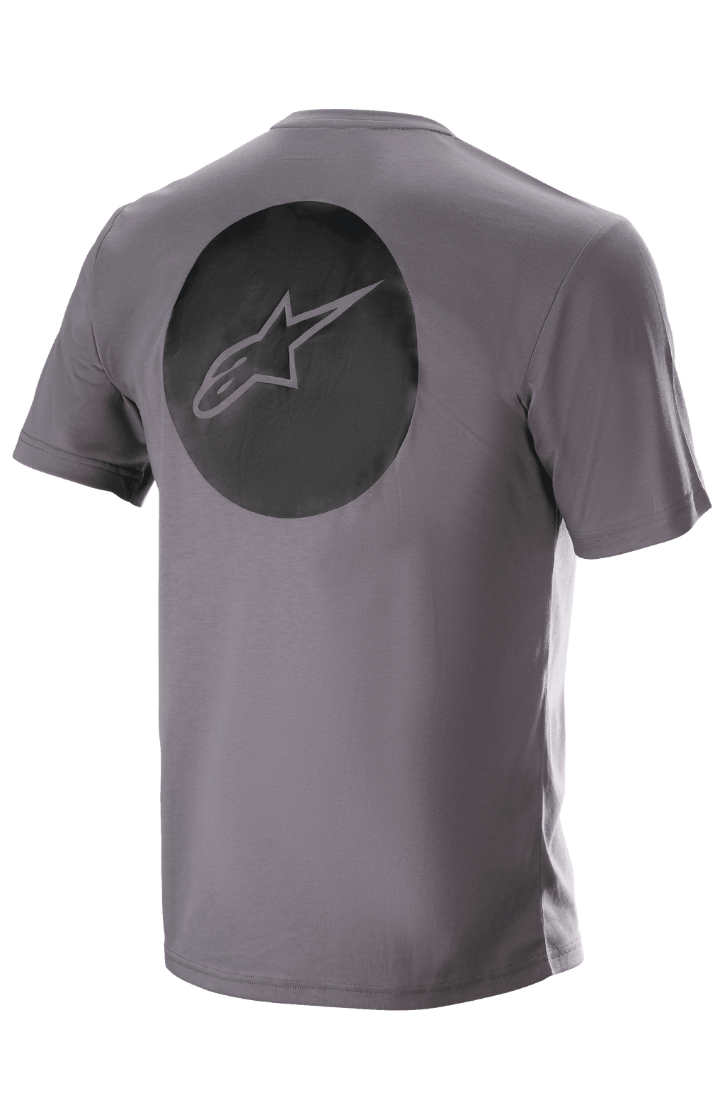 Alpinestars Dot Tech Tee, manga curta, cinzento Sparrow, vista traseira com um grande gráfico circular preto com o logótipo da estrela Alpinestars, vestuário técnico de MTB com absorção de humidade