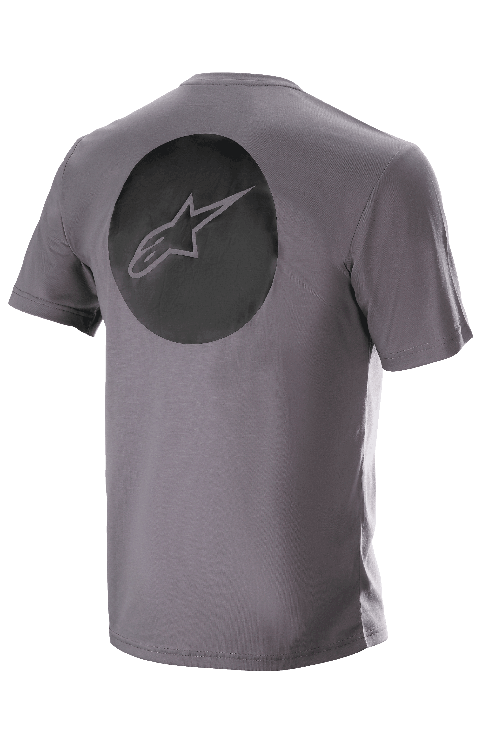 Alpinestars Dot Tech Tee, manga curta, cinzento Sparrow, vista traseira com um grande gráfico circular preto com o logótipo da estrela Alpinestars, vestuário técnico de MTB com absorção de humidade