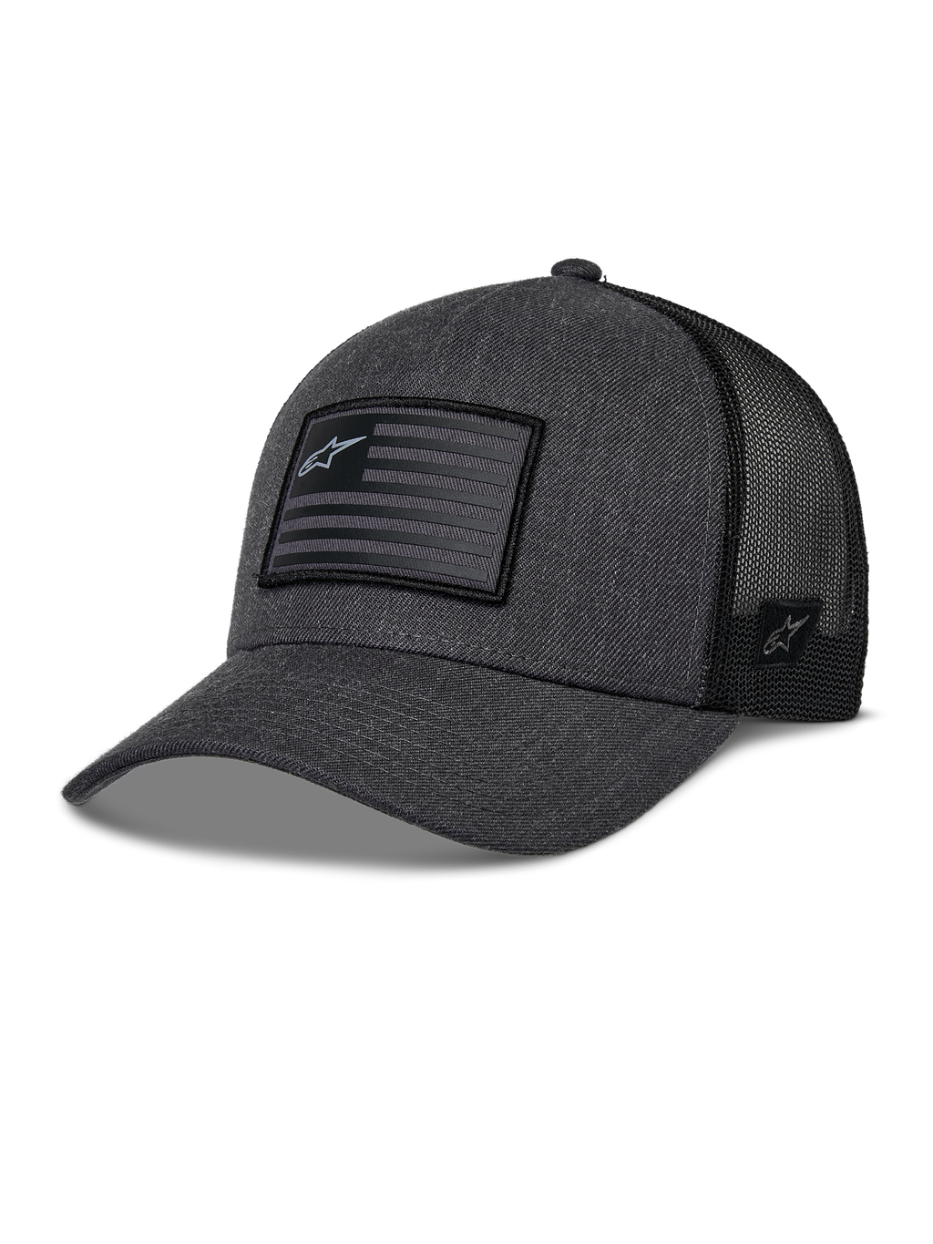 Alpinestars Flag Snapback Hat, cinza carvão mesclado e preto, boné de basebol estilo trucker, patch retangular de bandeira com logótipo de estrela, aba curva e parte traseira em malha respirável