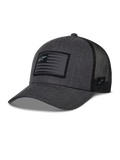 Alpinestars Flag Snapback Hat, cinza carvão mesclado e preto, boné de basebol estilo trucker, patch retangular de bandeira com logótipo de estrela, aba curva e parte traseira em malha respirável