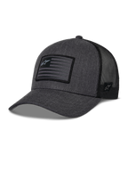 Alpinestars Flag Snapback Hat, cinza carvão mesclado e preto, boné de basebol estilo trucker, patch retangular de bandeira com logótipo de estrela, aba curva e parte traseira em malha respirável