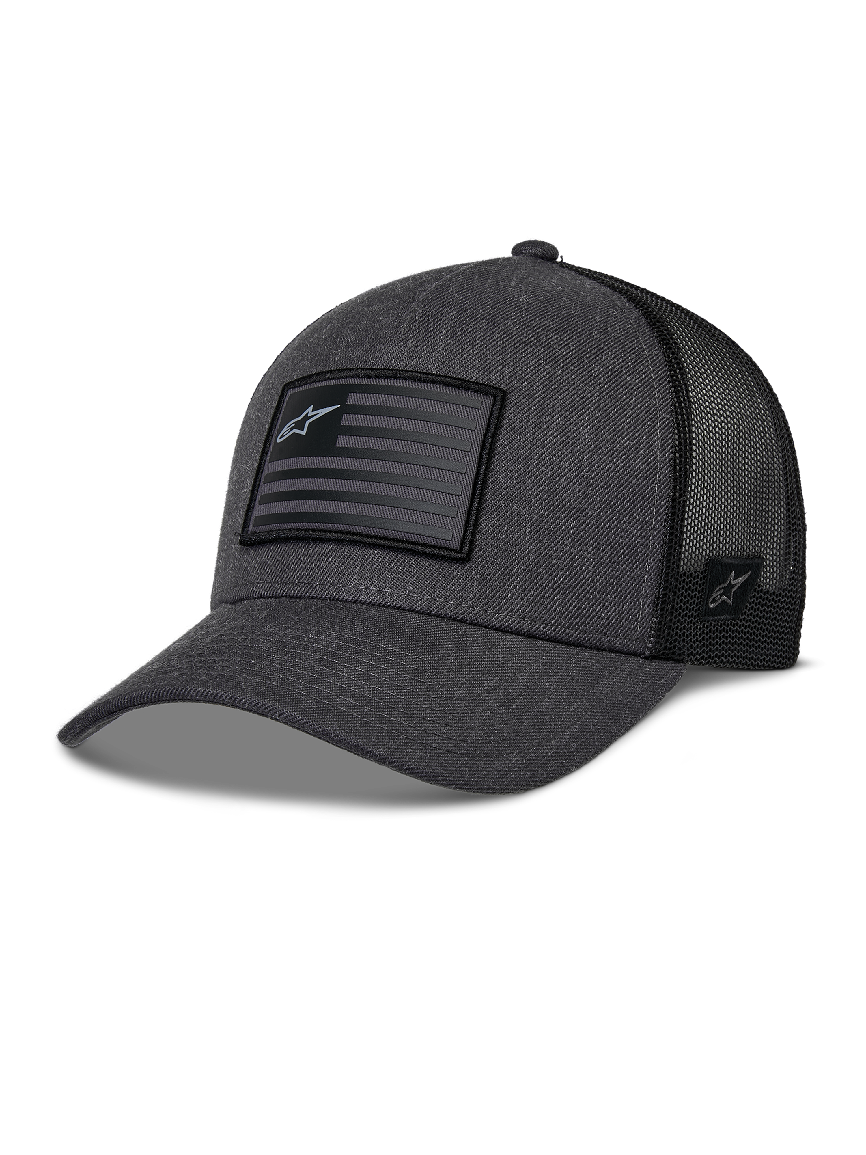 Alpinestars Flag Snapback Hat, Charcoal Heather and Black, Trucker Style Baseball Cap, Rectangular Flag Patch with Star Logo, Curved Brim and Breathable Mesh Back