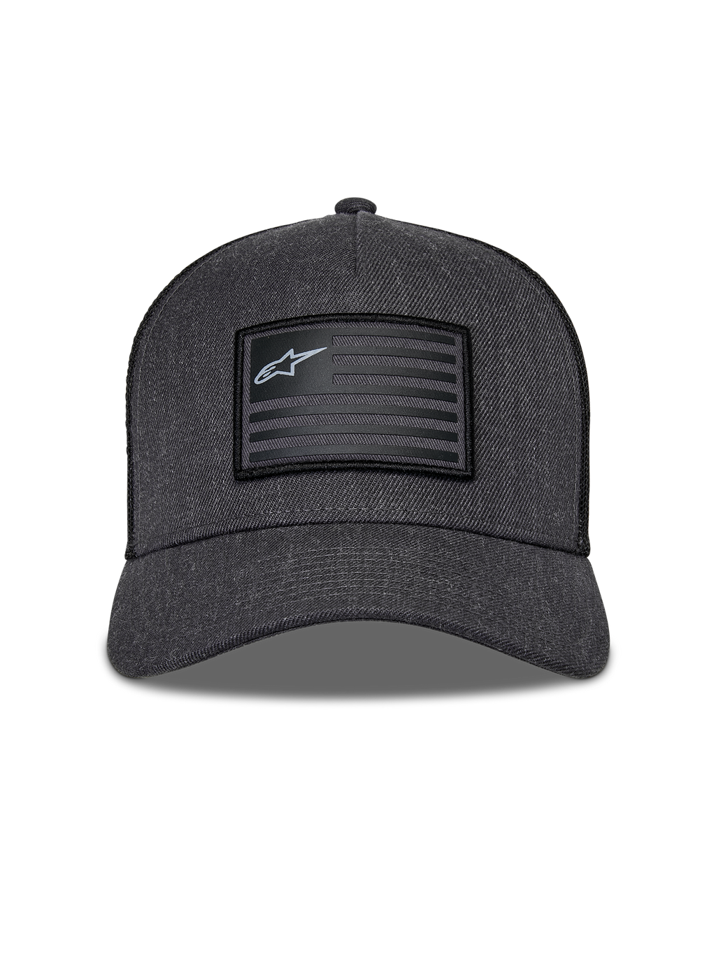 Boné Alpinestars Flag Snapback, cinzento mesclado escuro e preto, vista frontal com coroa estruturada e aba curva, remendo retangular tipo bandeira com logótipo Alpinestars e riscas, streetwear casual de motorsport